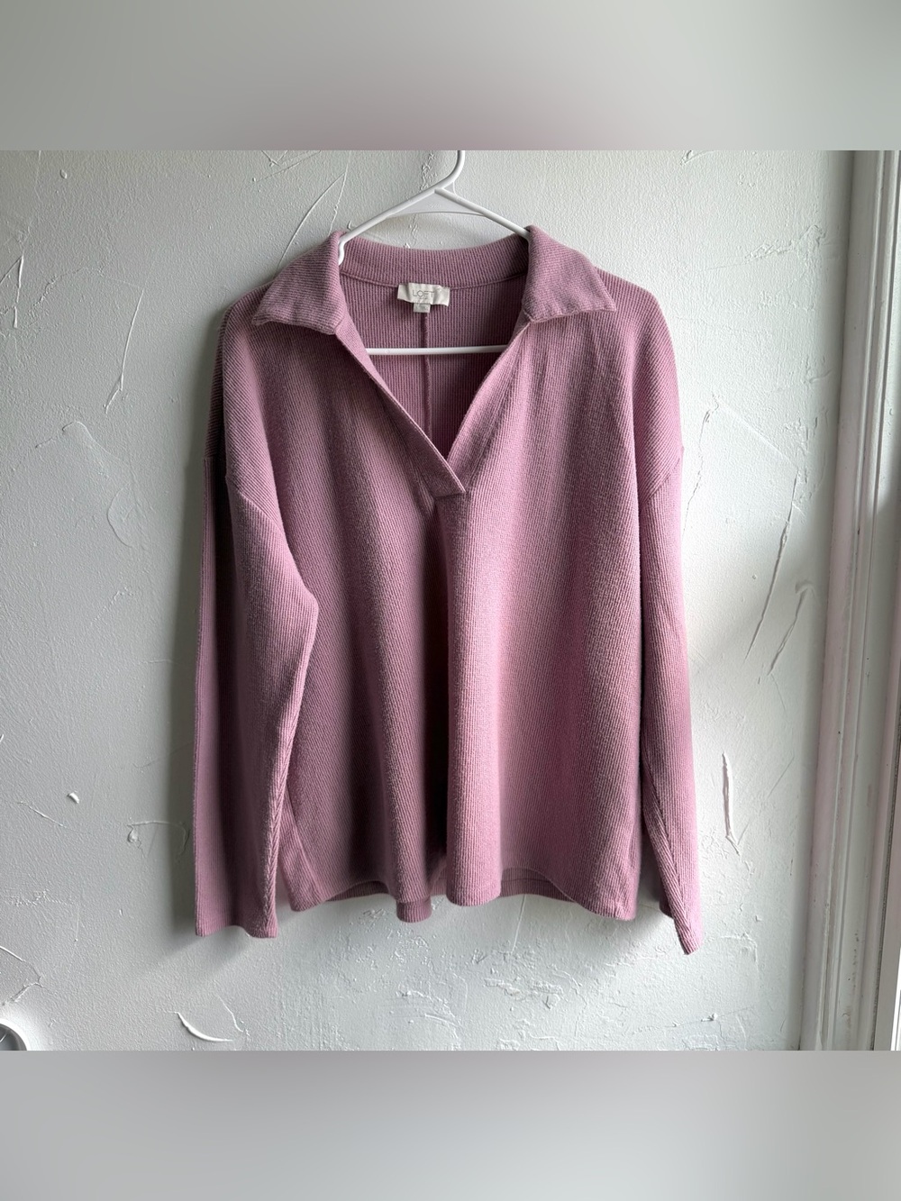 Loft Outlet Mauve Ribbed Knit Collared V-neck Top Size Large